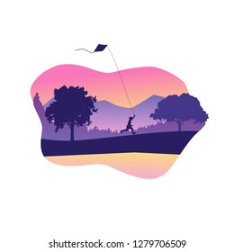 Boy running in the park with kite. Freedom, nature, childhood concept. Beautiful landscape. Trendy gradient vector illustration.