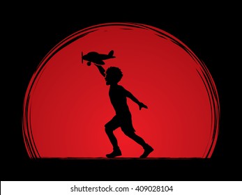 Boy running with plane toy designed on sunrise background graphic vector.