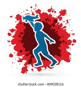 Boy running with plane toy designed on splash blood background graphic vector.