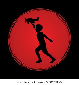 Boy running with plane toy designed on grunge circle background graphic vector.