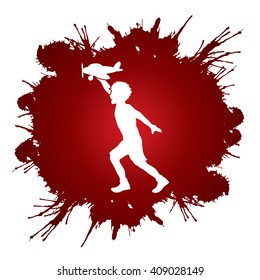 Boy running with plane toy designed on splash ink background graphic vector.