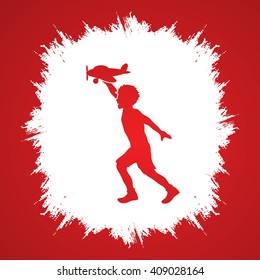 Boy running with plane toy designed on grunge frame background graphic vector.