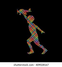 Boy running with plane toy designed using colorful pixels graphic vector.