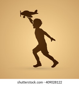 Boy running with plane toy graphic vector.