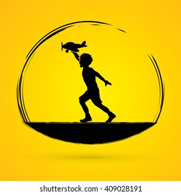 Boy running with plane toy graphic vector.