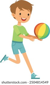 Boy running with rubber ball. Happy cartoon kid