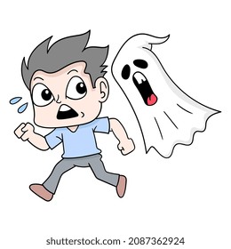 boy running scared being chased by a flying ghost, vector illustration art. doodle icon image kawaii.