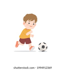 A boy running and smiling be happy playing football on white background, illustration vector. Kids concept