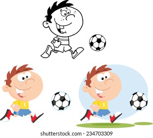 Boy Running With Soccer Ball. Vector Collection Set