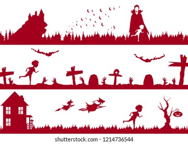 Boy running from vampire, awakening zombies, and evil witches from hauted house vector Halloween illustration