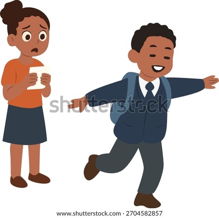 Boy Running While Girl Looks Nervous, A boy runs to class while a girl looks worried with a paper in her hand. It may be about school work or something else.