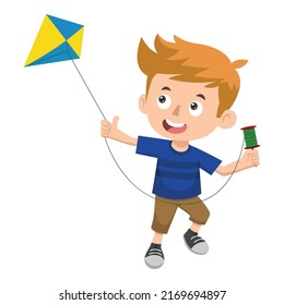 A Boy Is Running While Holding Thread Trying To Fly His Kite In The Field. Kids Activities.