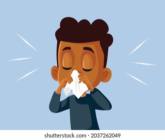 Boy with Runny Nose Feeling Unwell Vector Cartoon. Sick child having the flu sneezing and having nasal congestion during cold season
