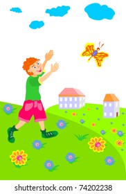 boy runs across the field after a butterfly