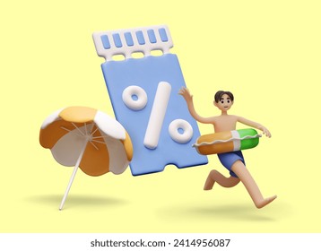 Boy runs along beach with inflatable circle. Concept of discounts for holidays in tropical country. Tours at reduced prices. Vacation voucher. Creative poster in cartoon style