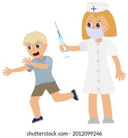 boy runs away from injection. Vector illustration EPS 10