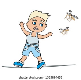Boy runs away from mosquitoes