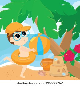 The boy runs with the ball on the seashore. The child is wearing a baseball cap and shorts. Seashore near palm trees, blooming hibiscus and sand castle in cartoon style.