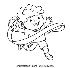 boy runs and crosses the finish line. Hand drawn cartoon illustration, vector outline coloring page