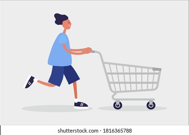 Boy Runs With Empty Shopping Cart. Vector Illustration