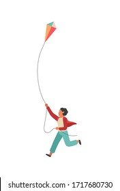 Boy runs with a kite. Happy little child playing outdoors, vector colorful flat walking childhood concept