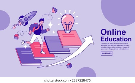 A boy runs up a stack of books with a rocket and a light bulb. Knowledge is like a great power sends us forward. learn new things or knowledge development for new skill. upgrade working skill. vector