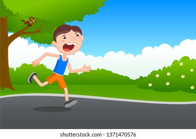 The boy runs in a summer park, a man runs, playing sports in the park. Rest in a summer park.