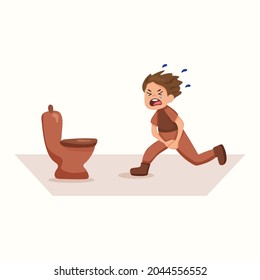 The boy runs to the toilet. Incontinence. Vector illustration in flat style