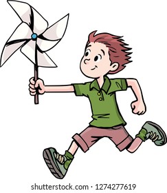 boy runs with a windmill in his hand