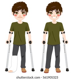 Boy with sad expression and broken leg walking with crutches then happy after recovery