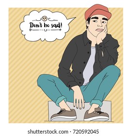 Boy with a sad face sits on the box. Vector illustration.