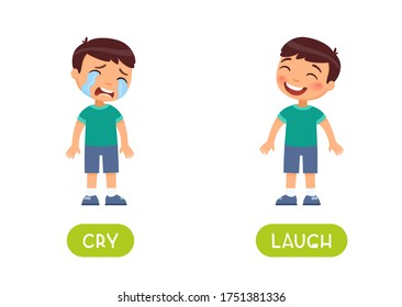 Boy sad and boy happy illustration with typography. Cry and laugh antonyms flashcard vector template. Word card for english language learning with flat characters. Opposites concept.