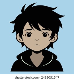 Un Niño Triste Modo Emoji Estilo. Tristes avatares de niños. Niños lindos sonriendo, chico chica en rondas conjunto de Vector. Ilustración avatar de niña y niño, niños felices, tristeza infantil. Arte vectorial de cara Boy Face Expression.