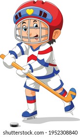 The boy with the safety costume is playing the ice hockey of the illustration