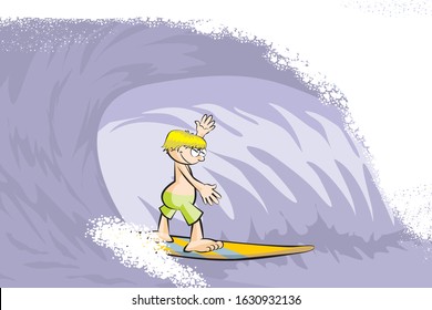 Boy sailing fast inside the tunnel of a wave. Extreme surfer sliding between dangerous and big waves of Hawaii. Cartoon style vector illustration Available in EPS 10.