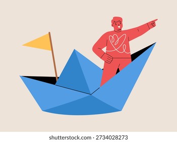 Boy sailing on a paper boat with Flags. Colorful vector illustration
