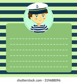 Boy with Sailor Shirt and Marine Captain Cap in Circle Blue Green Stripe Background. Vector illustration of memo notes card with empty space for writing message.