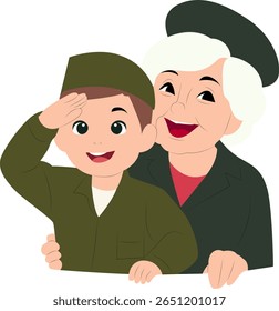 Menino saudando vovó orgulho militar, feliz Dia das Forças Armadas