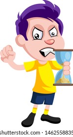 Niño con reloj de arena, ilustración, vector sobre fondo blanco.