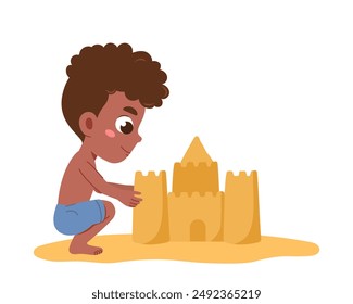 Boy with sandcastle. Child on beach builds building out of sand. Leisure and recreation in tropical countries. Holiday and vacation. Flat vector illustration isolated on white background