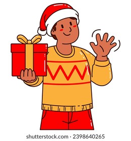 Boy in a Santa Claus hat holding a gift box