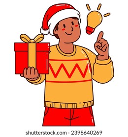 Boy in a Santa Claus hat holding a gift box and light blub