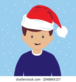 Boy in Santa claus hat on blue background. Vector illustration for christmas card.