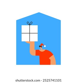 Boy in Santa hat delivering presents from home with delivery service. Flat vector illustration in cartoon style.