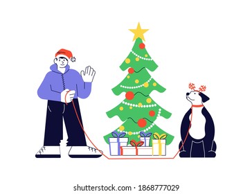 Boy in santa hat with dog vector portrait standing together near Christmas tree. Merry Christmas and Happy New Year card illustration.