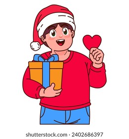 A Boy in a Santa hat holding a Christmas gift