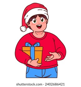 A Boy in a Santa hat holding a Christmas gift