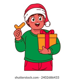 A Boy in a Santa hat holding a Christmas gift
