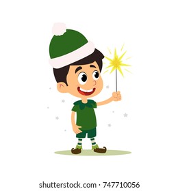 boy in santa helper suit with bengal fire. vector