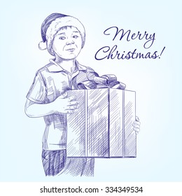 boy in Santa's hat holding her Christmas present hand drawn vector llustration  realistic  sketch